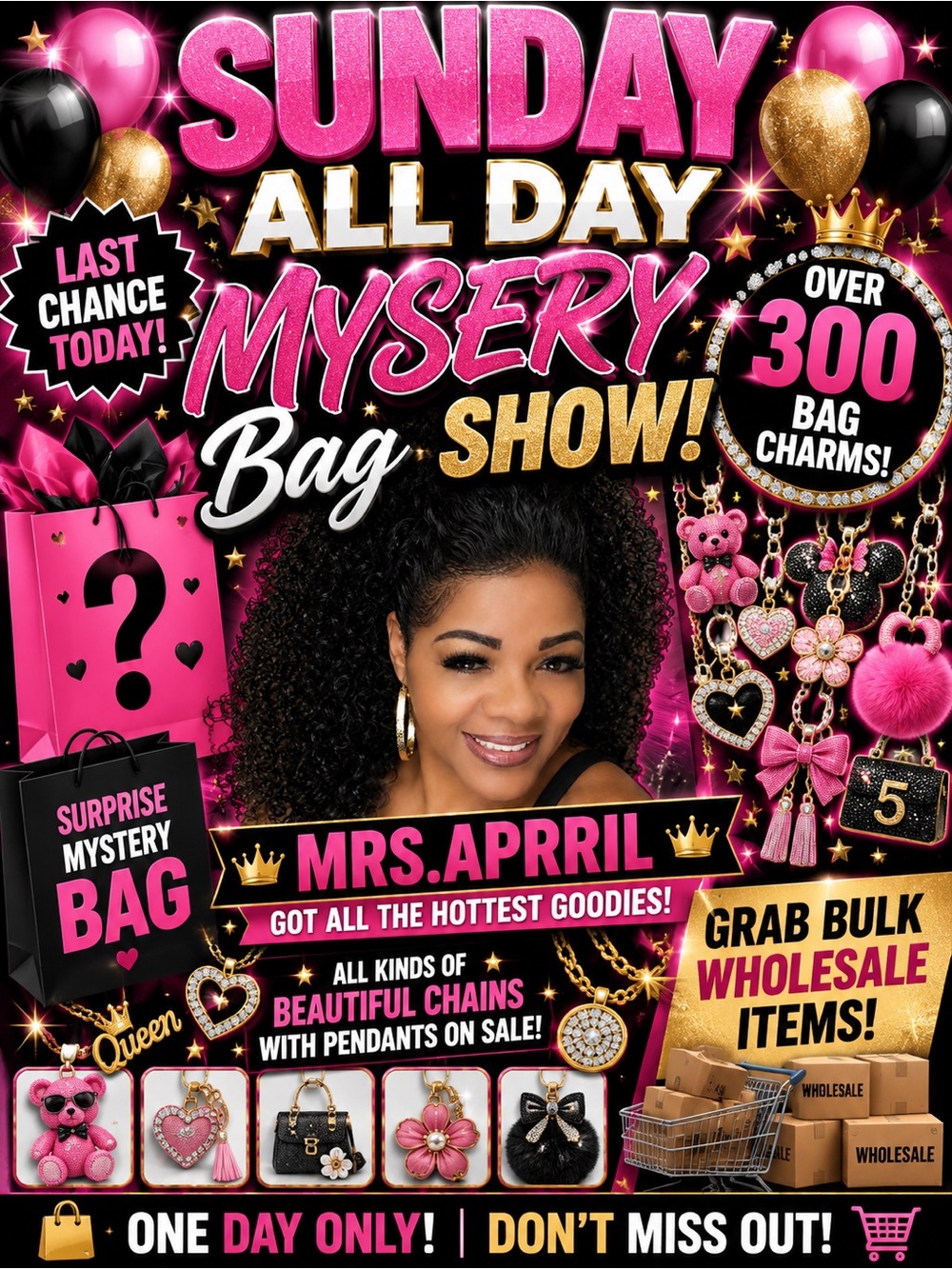 Sunday All Day Mystery Bag Show! Pink & Gold Promotional Poster